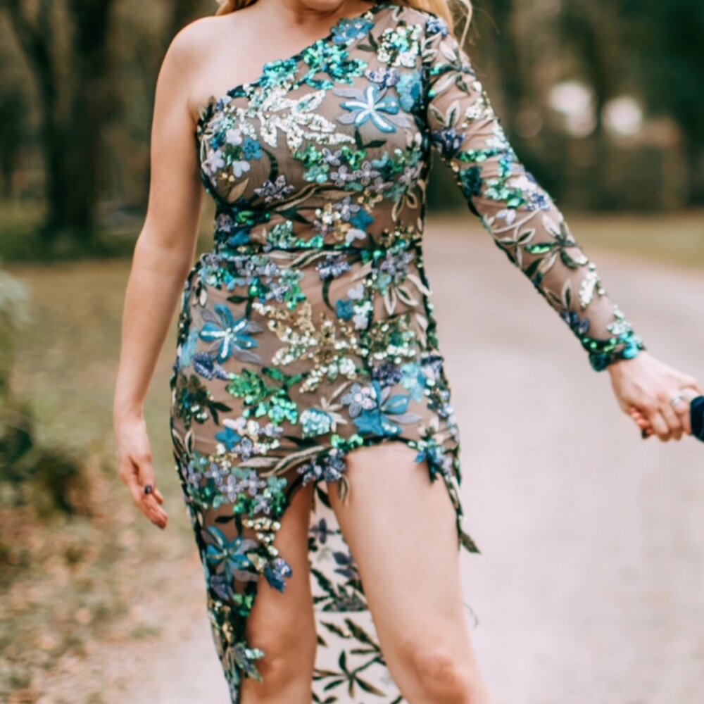Mew Mews Uriela Sequin Floral Embroidered Asymmetric Dress